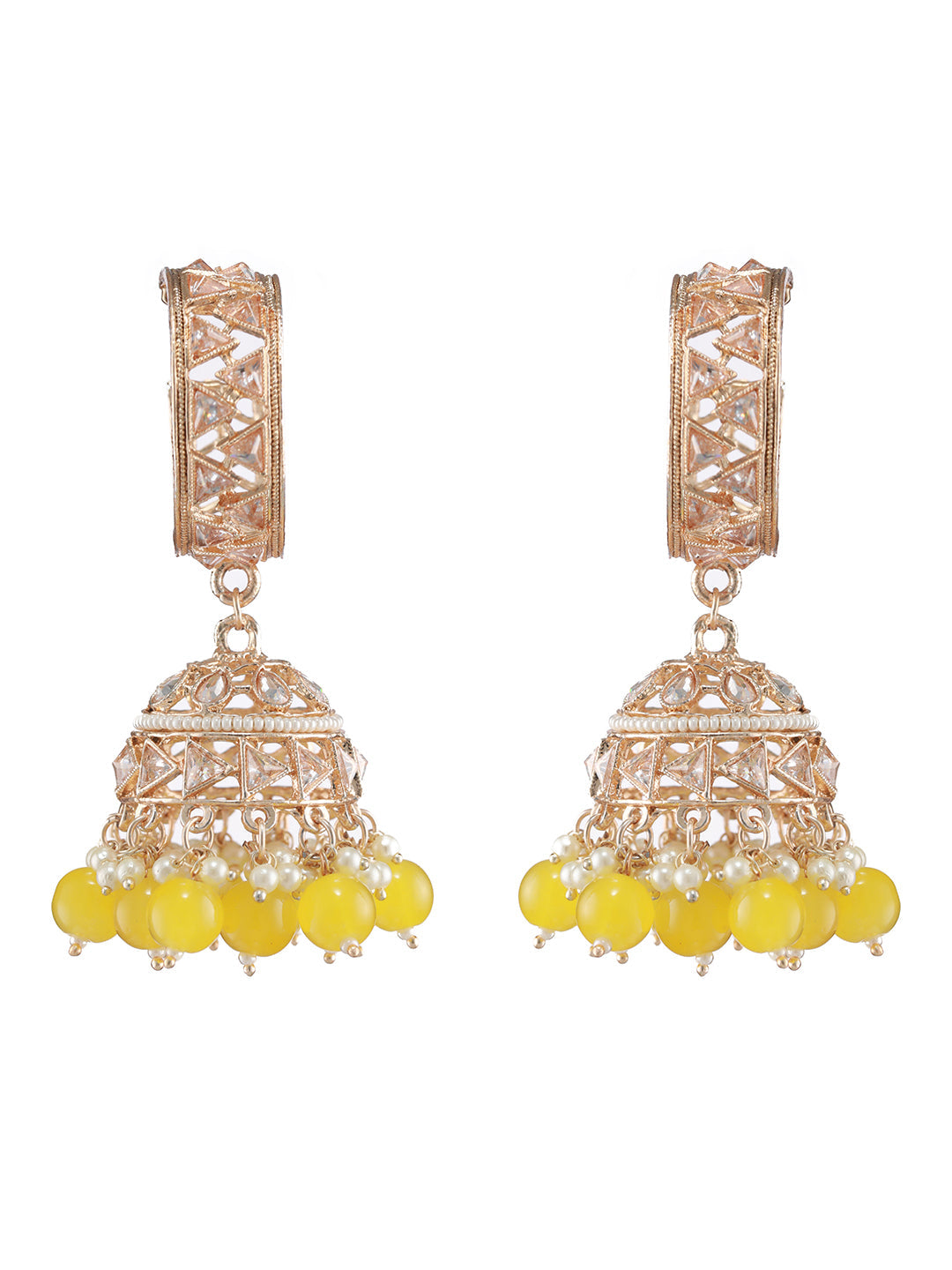 Rose-Gold Plated Ad Studded Yellow & White Beaded Jhumka Earrings