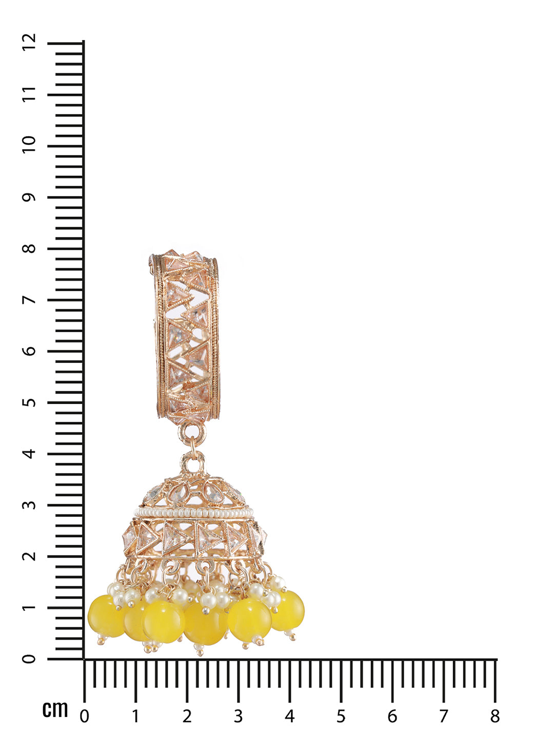 Rose-Gold Plated Ad Studded Yellow & White Beaded Jhumka Earrings