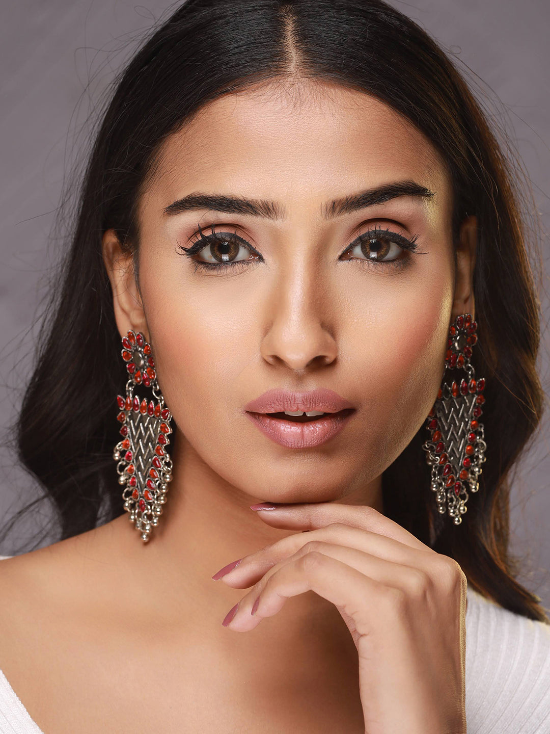 Silver-Plated Pink & Yellow Stone Studded & Ghungroo Drop Earrings