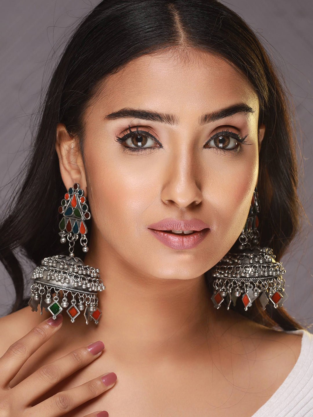 Silver Plated Multicolored Dome Shaped Meenakari Jhumkas Earrings