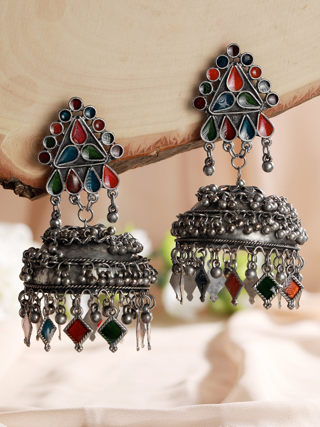 Silver Plated Multicolored Dome Shaped Meenakari Jhumkas Earrings