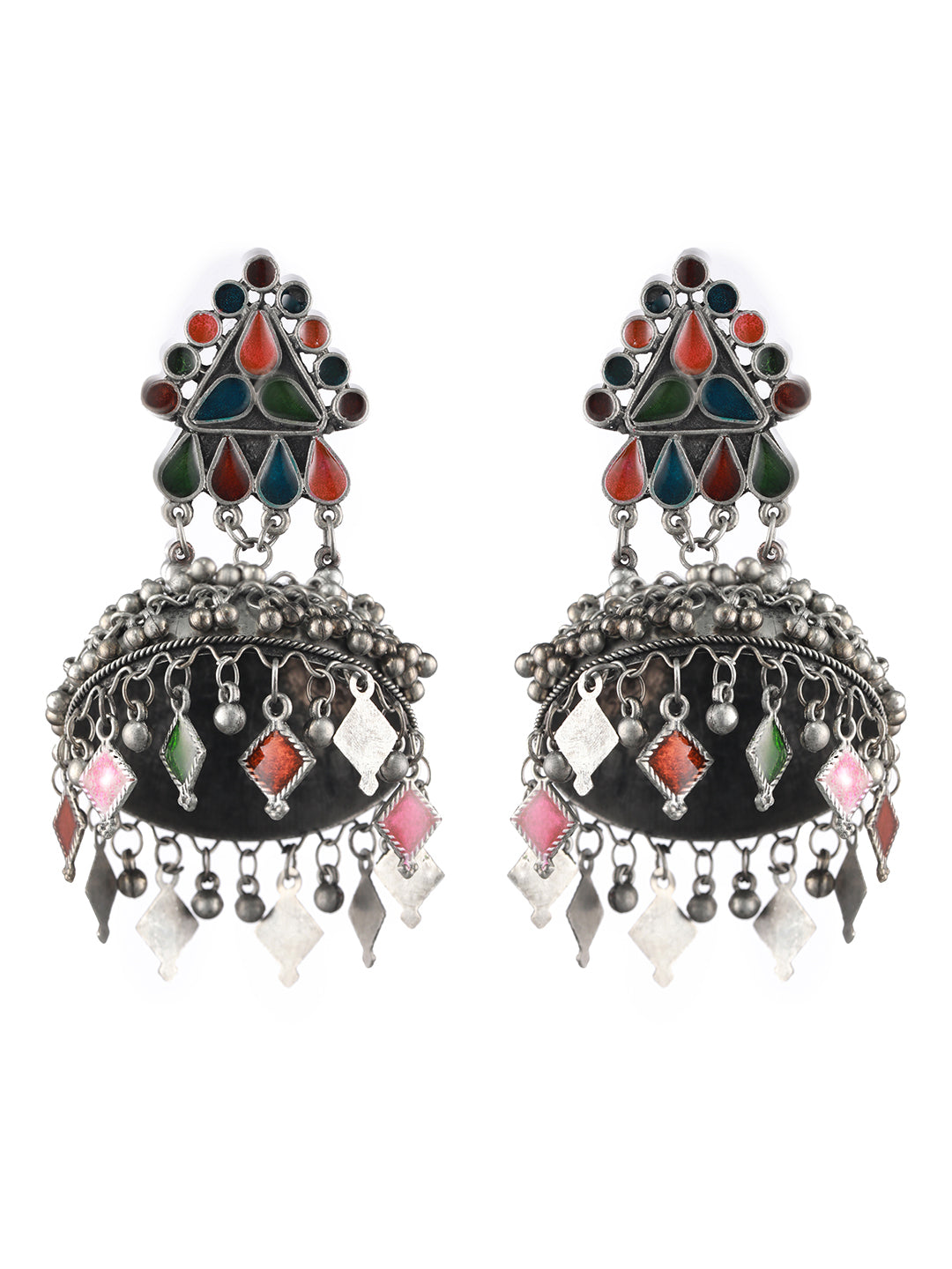 Silver Plated Multicolored Dome Shaped Meenakari Jhumkas Earrings