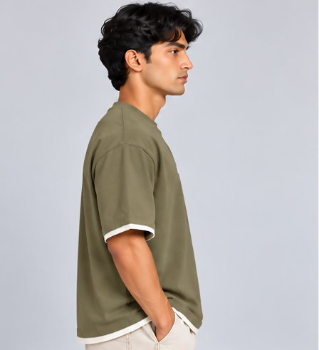 HUSTLE Essentials Men's Crew Neck Oversized T-Shirt – Olive Khaki(Oversized fit)