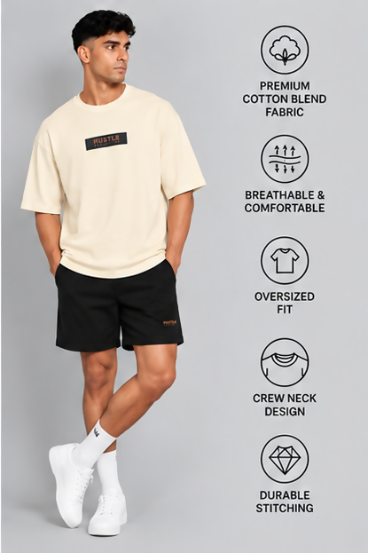 HUSTLE Men's Crew Neck Oversized Tees - Cream