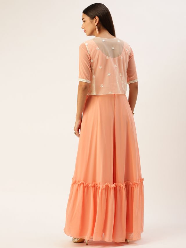 Bollywood Vogue Ready To Wear Off White Net Embroidered Jacket Style Gown