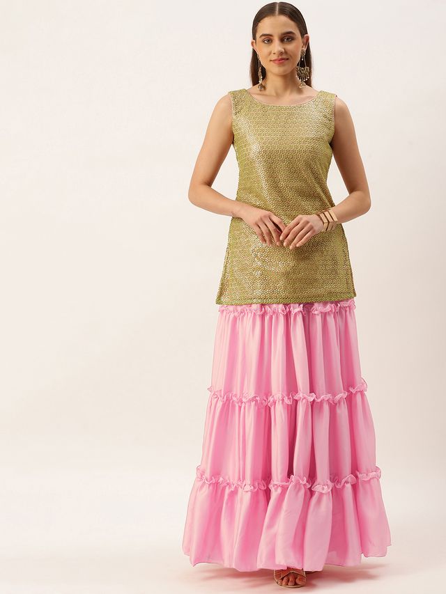 Bollywood Vogue Ready To Wear Beige Net Beads Embroidery Skirt and Top
