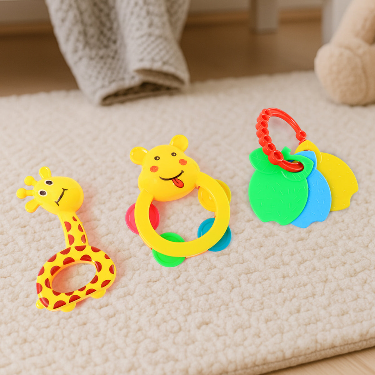 3 Pcs Set Colorful Animal Shape Baby Rattle Toy with Soft Grip and Teething Keys – Safe and Engaging Infant Handheld Play Toys for Newborns and Toddlers