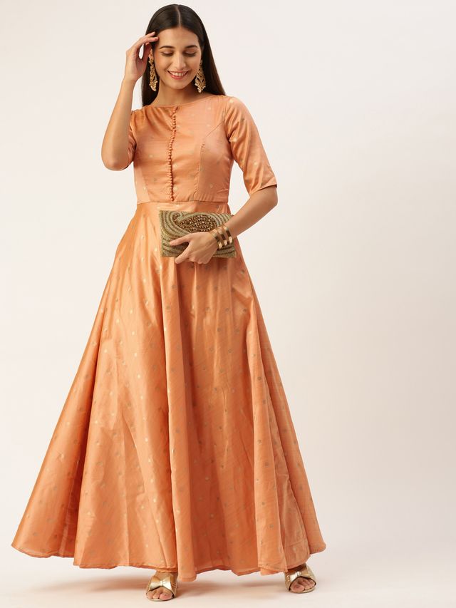 Bollywood Vogue Ready To Wear Peach Art Silk Jacquard Floor Length Gown