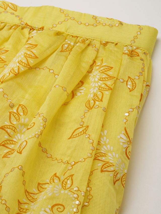 Bollywood Vogue Ready To Wear Yellow Foil Printed Art Silk Gathered Lehenga