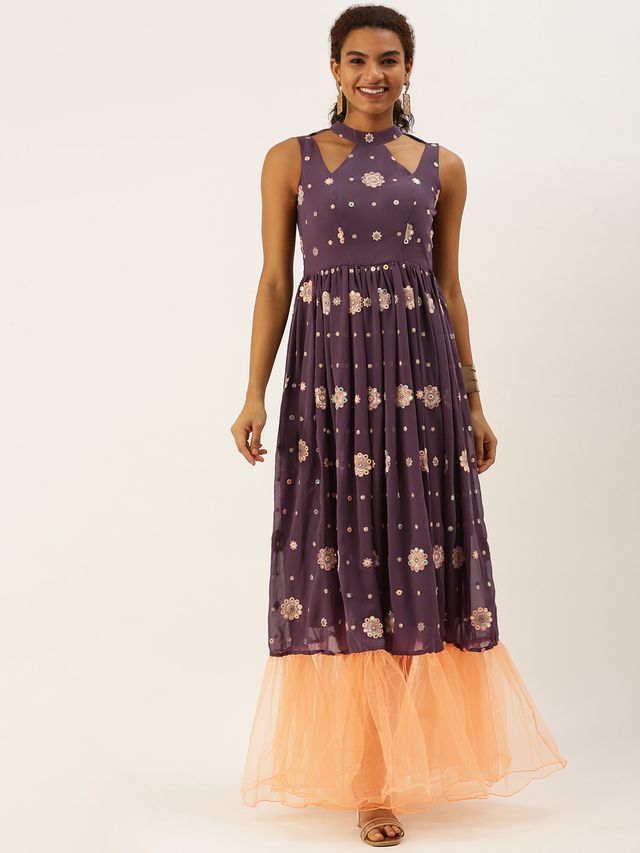 Bollywood Vogue Ready To Wear Magenta Georgette Embroidered Sheer Gown