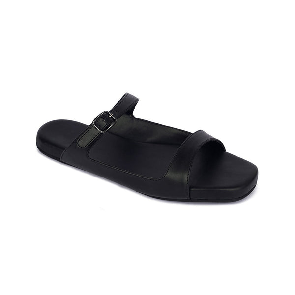 Eve Dual-Strap Vegan Leather Black Slides Women Planet Paaduks