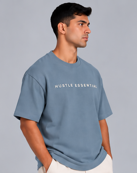 HUSTLE Men's Crew Neck Oversized T-Shirt – Dusty Blue