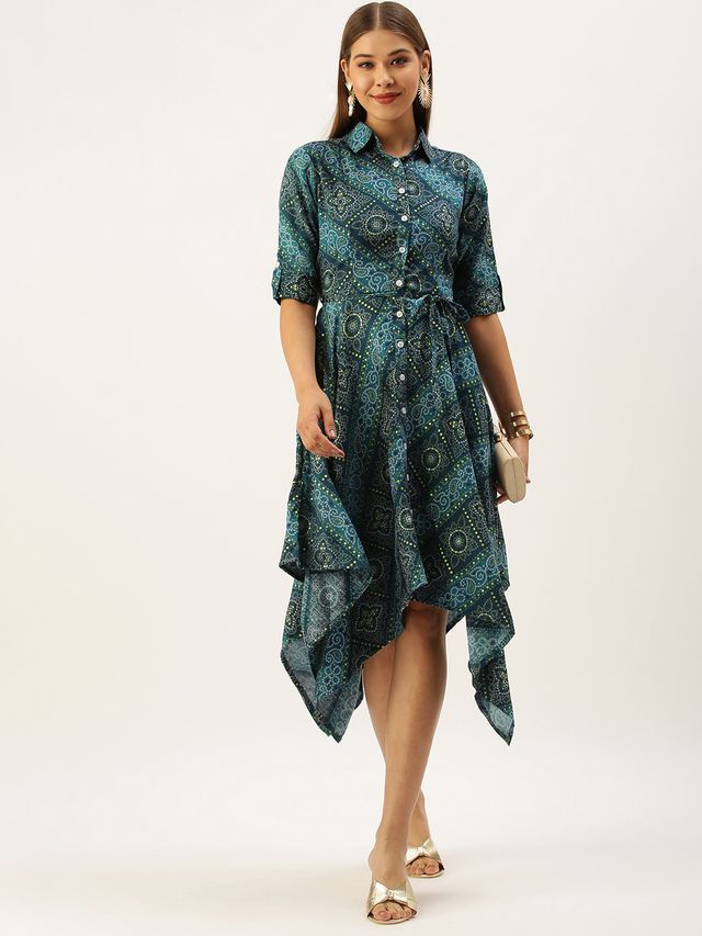 Bollywood Vogue Ready To Wear Blue Chanderi Art Silk Handkerchief Style Dress