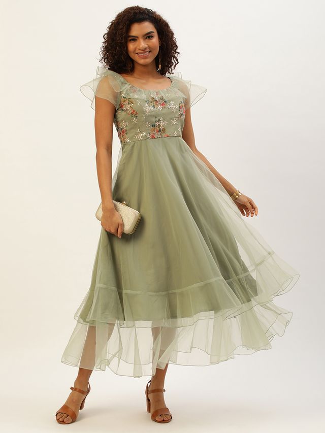 Bollywood Vogue Ready To Wear Green Organza Embroidered Gown