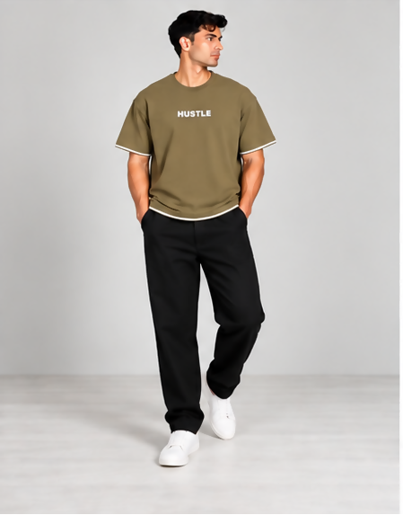 HUSTLE Men's Crew Neck Oversized Tees - Khaki