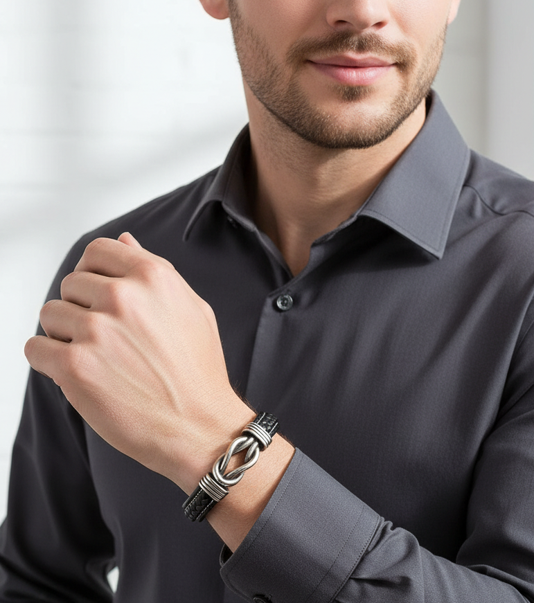 Jazz and Sizzle Men Black & Silver-Toned Wraparound Bracelet