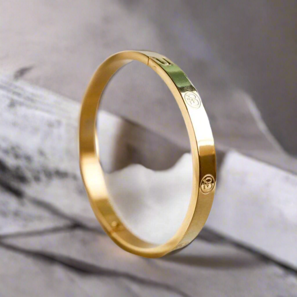 Jazz and Sizzle Men Temple OM Engraved Spiritual Gold -Plated Kada Bracelet