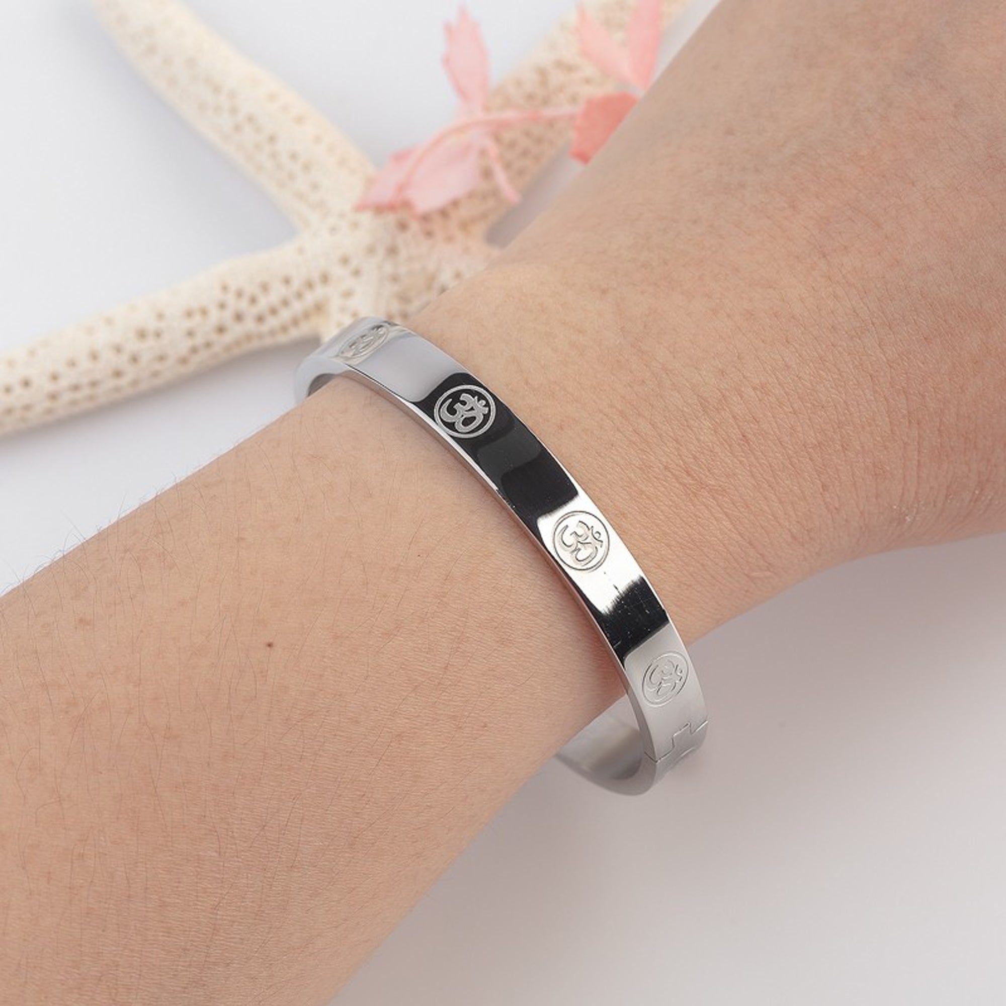 Jazz and Sizzle Men Temple OM Engraved Spiritual Silver-Plated Kada Bracelet