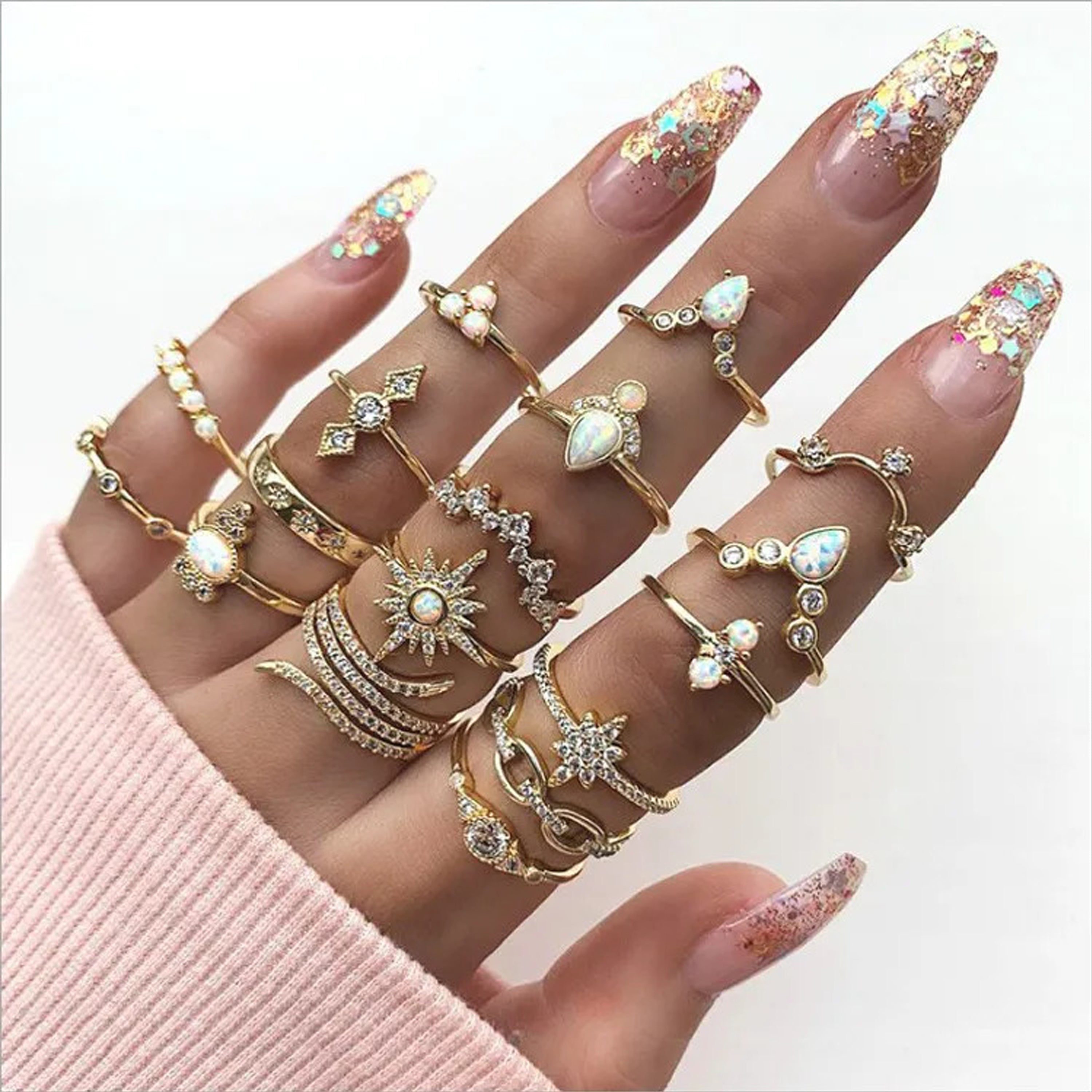 Jazz And Sizzle Set of 17 Gold Plated Stacking Rings for Valentines Gift