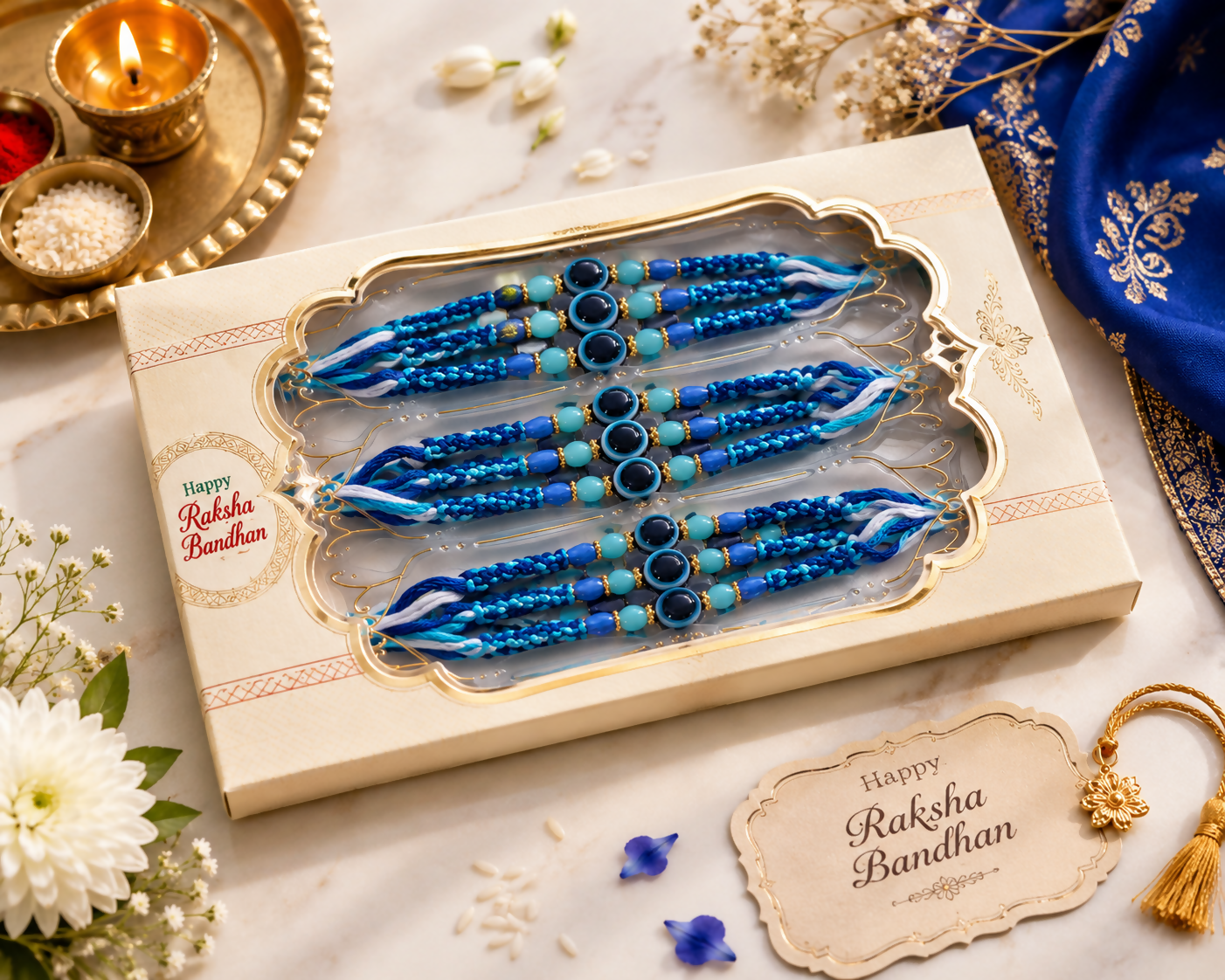 Blue Beaded Evil Eye Rakhi Set – Traditional Thread Rakhi Set of 12