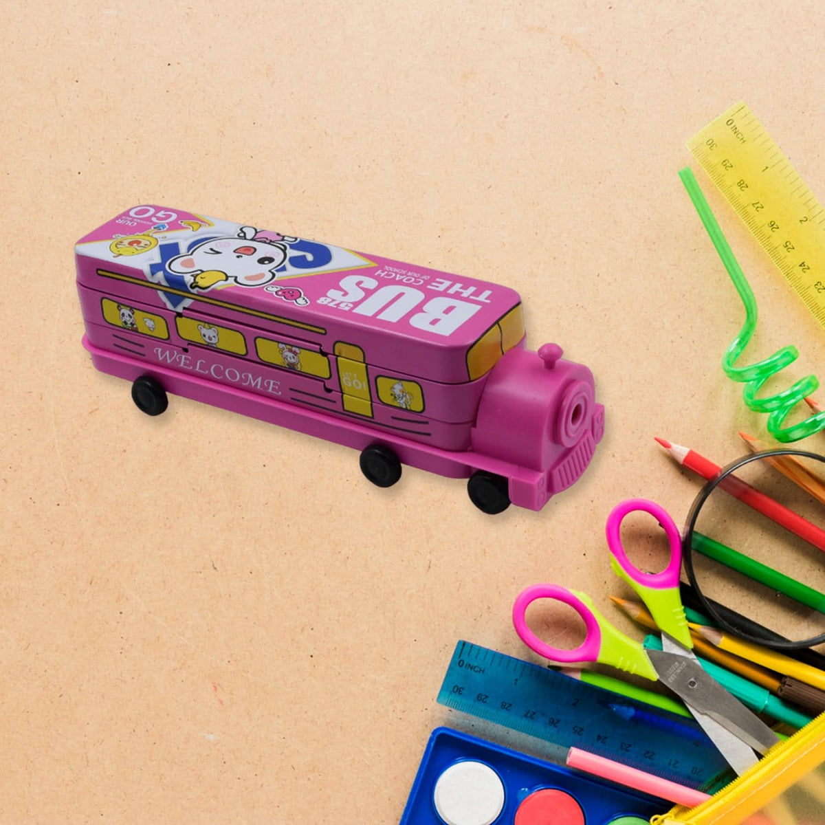 Double Decker Bus Pencil Case ā 2-Layer Metal Box with Sharpener HP DD