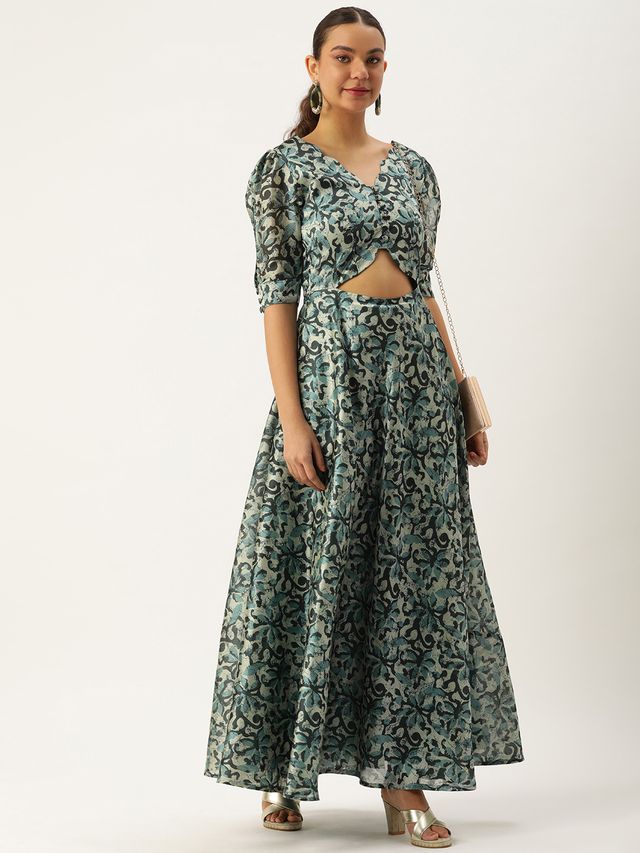 Bollywood Vogue Ready To Wear Blue Art Silk Digital Printed Dress
