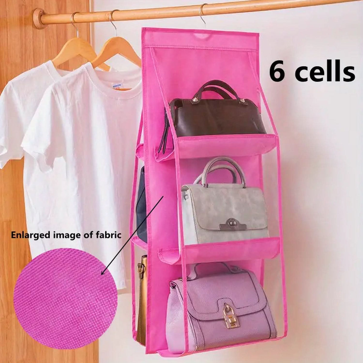 Clear 6-Pocket Hanging Handbag Organizer – Space-Saving Purse & Shelf Storage (1 Pc) HP DD