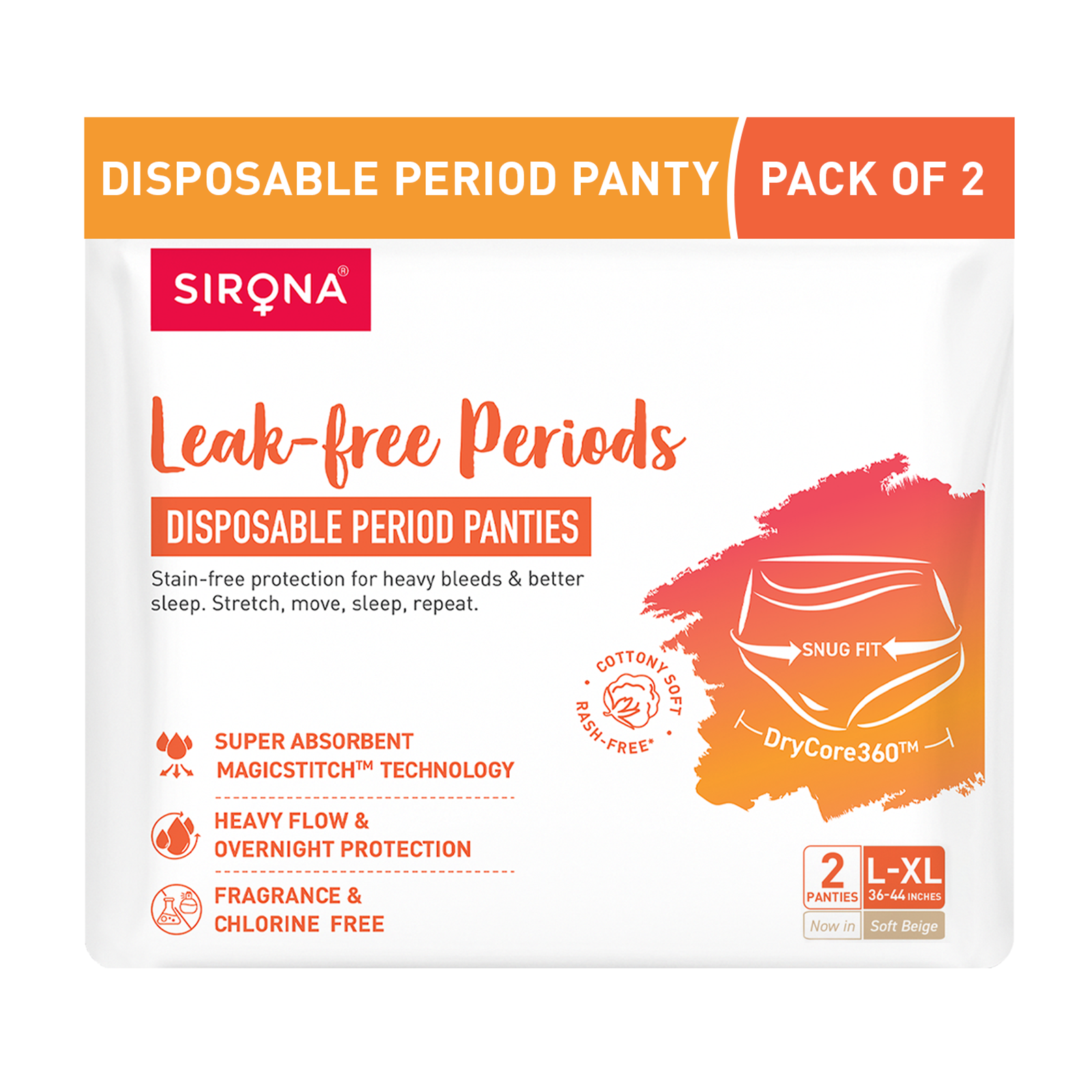 Sirona Disposable Period Panties (L-XL) | 360° Protection for 12 hours | No Leakage, No Discomfort | Day & Night Protection | Wetness Indicator | Ultra-Absorbent Core(Pack of 2)