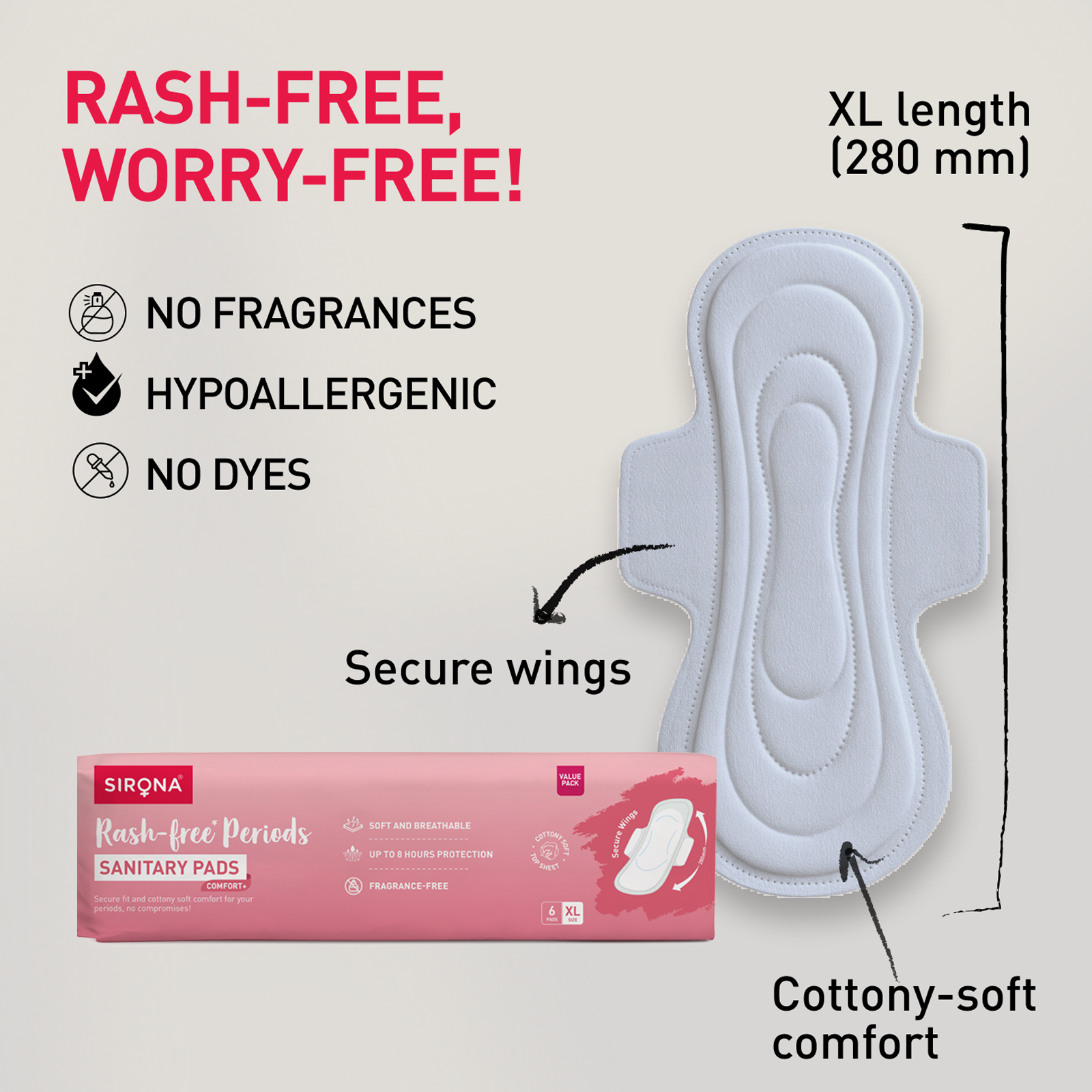 Sirona Comfort+ Sanitary Pads| XL Size | Rash-Free Cottony Soft Comfort | 8 Hours Protection | Pack of 12