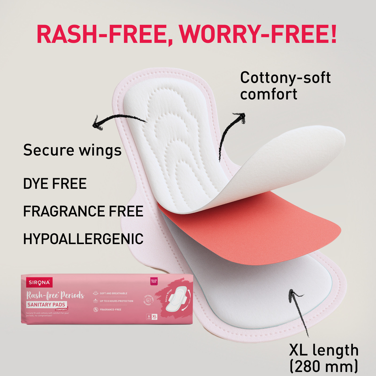 Sirona Comfort+ Sanitary Pads| XL Size | Rash-Free Cottony Soft Comfort | 8 Hours Protection | Pack of 12