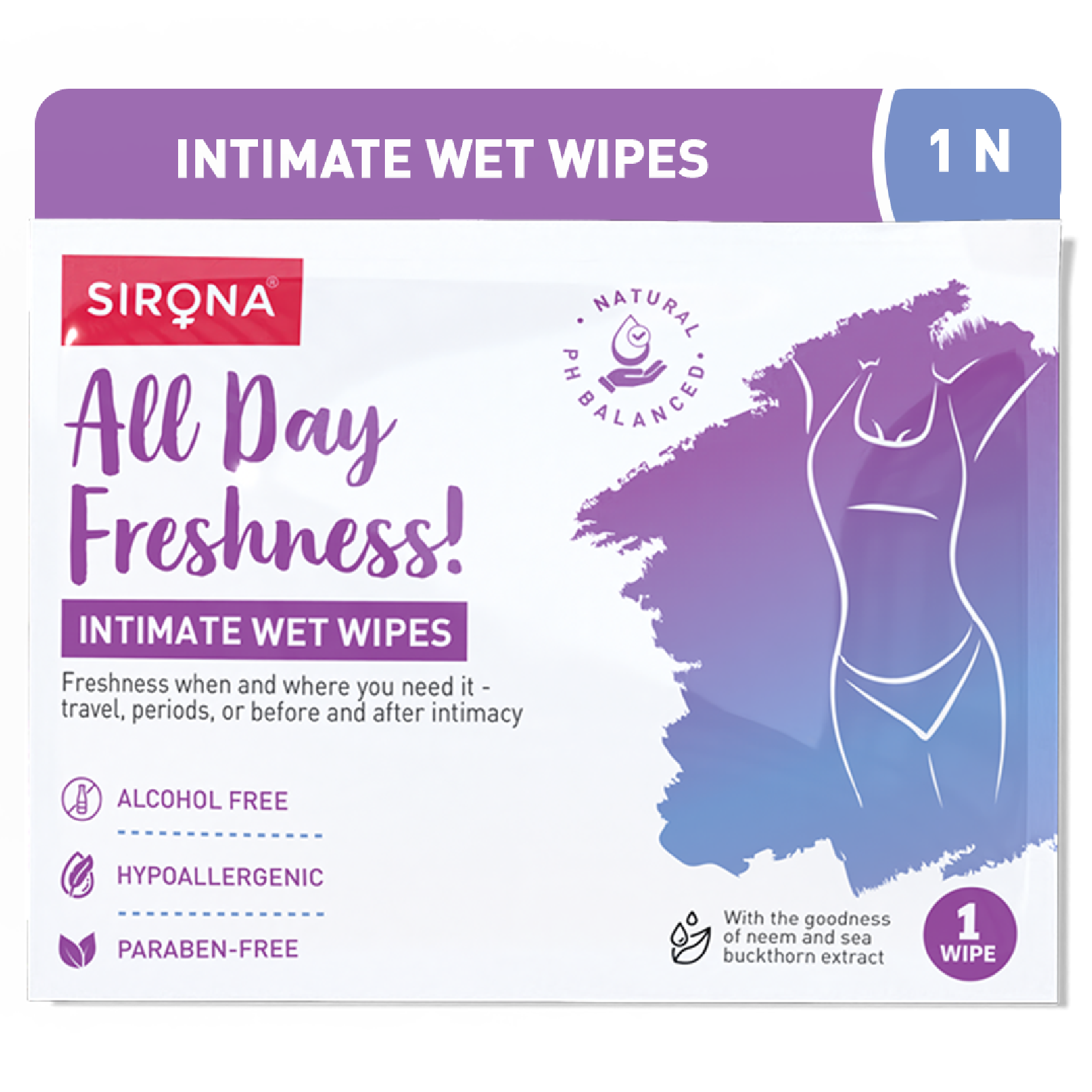Sirona Intimate Wipes | pH-Balanced, Alcohol-Free | Neem & Sea Buckthorn Extract | On-the-Go Hygiene for Travel, Periods & Post-Intimacy (Pack of 10)
