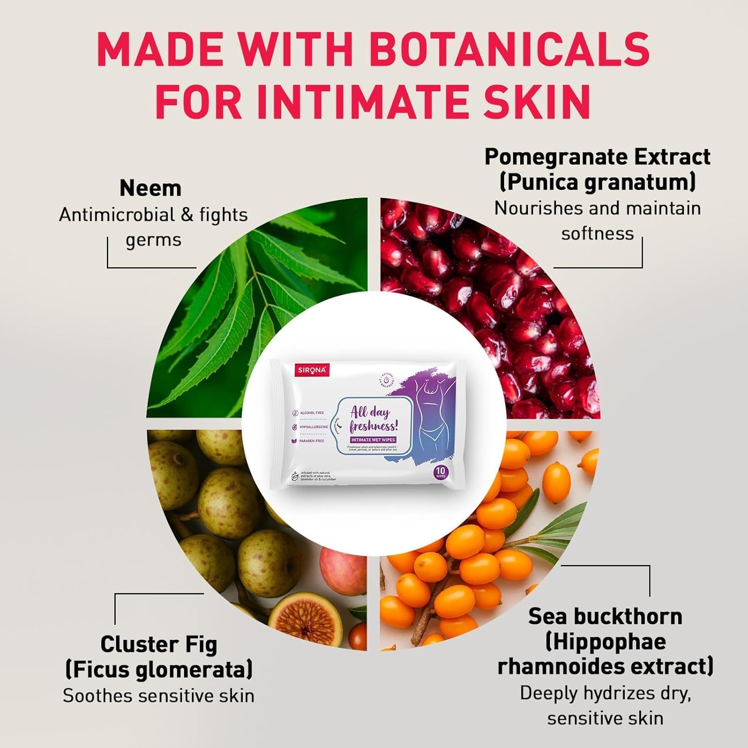 Sirona Intimate Wipes | pH-Balanced, Alcohol-Free | Neem & Sea Buckthorn Extract | On-the-Go Hygiene for Travel, Periods & Post-Intimacy (Pack of 10)