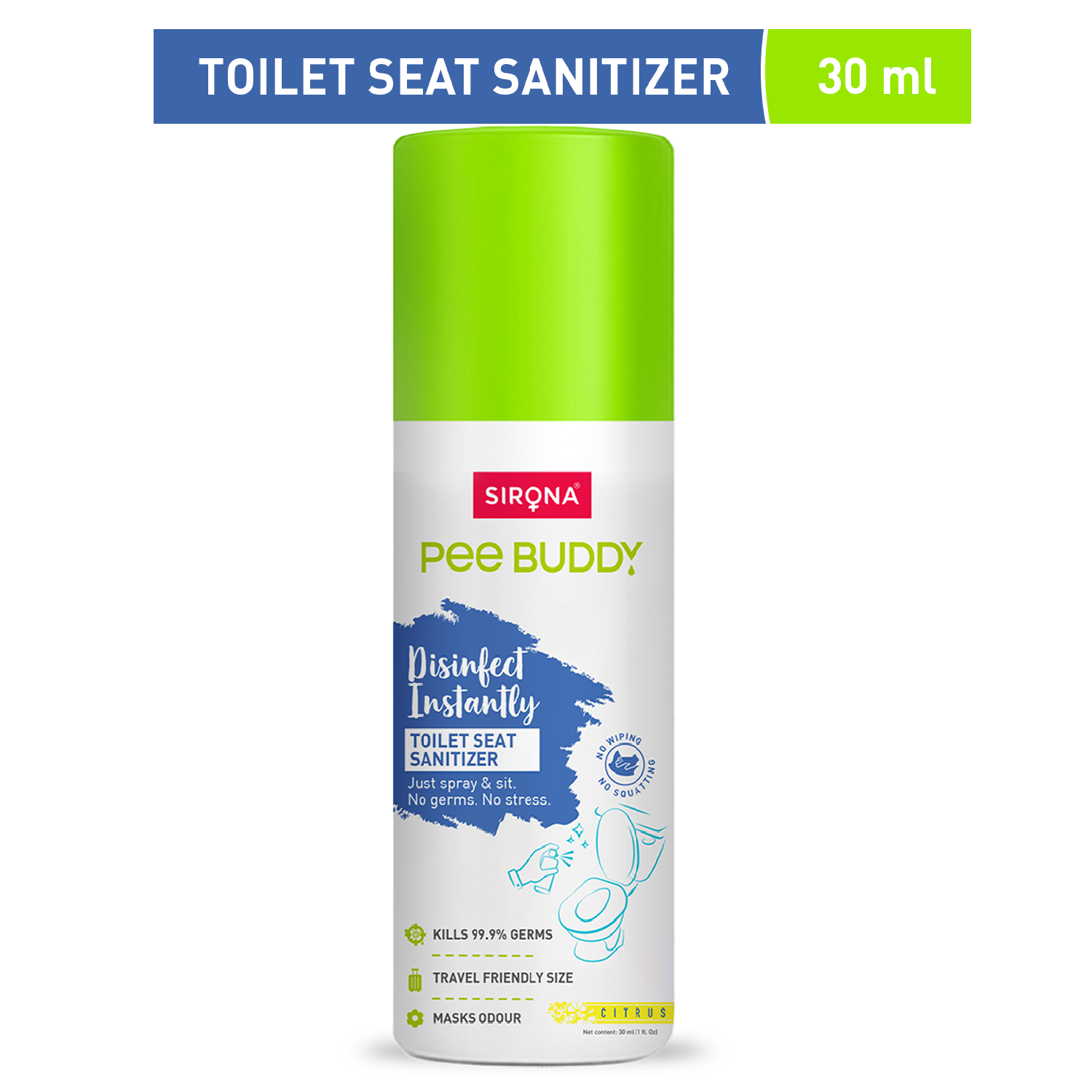 PeeBuddy Toilet Seat Sanitizer Spray | Citrus | Kills 99.9% Germs | Masks Odour | No Wiping | Travel Friendly Toilet Spray for Public Toilets (30 ml) | Pack of 2