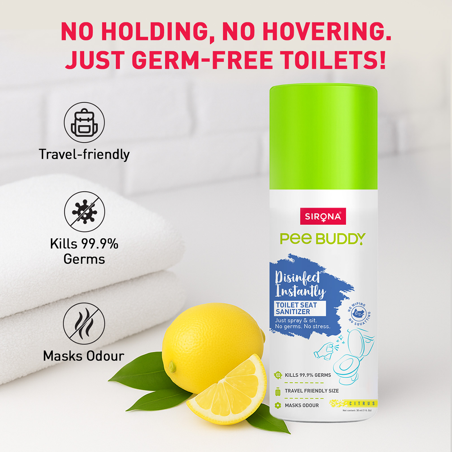 PeeBuddy Toilet Seat Sanitizer Spray | Citrus | Kills 99.9% Germs | Masks Odour | No Wiping | Travel Friendly Toilet Spray for Public Toilets (30 ml) | Pack of 2