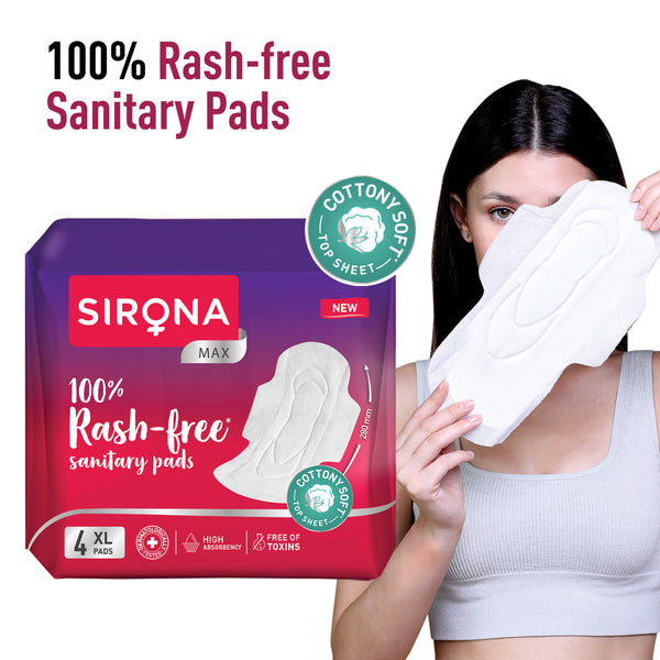 Sirona Cottony Soft Rash Free Sanitary Pads for Women - Pack of 4 (XL Size) | Ultra Soft & Breathable Top Layer | Highly Absorbent Core with Wide Coverage for Leakage Protection