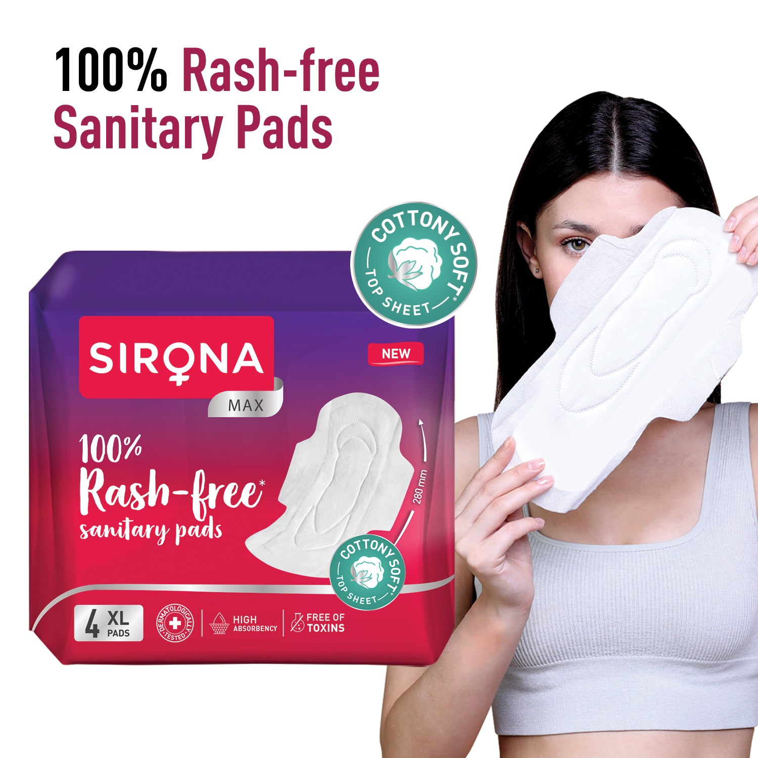 Sirona Cottony Soft Rash Free Sanitary Pads for Women - Pack of 4 (XL Size) | Ultra Soft & Breathable Top Layer | Highly Absorbent Core with Wide Coverage for Leakage Protection