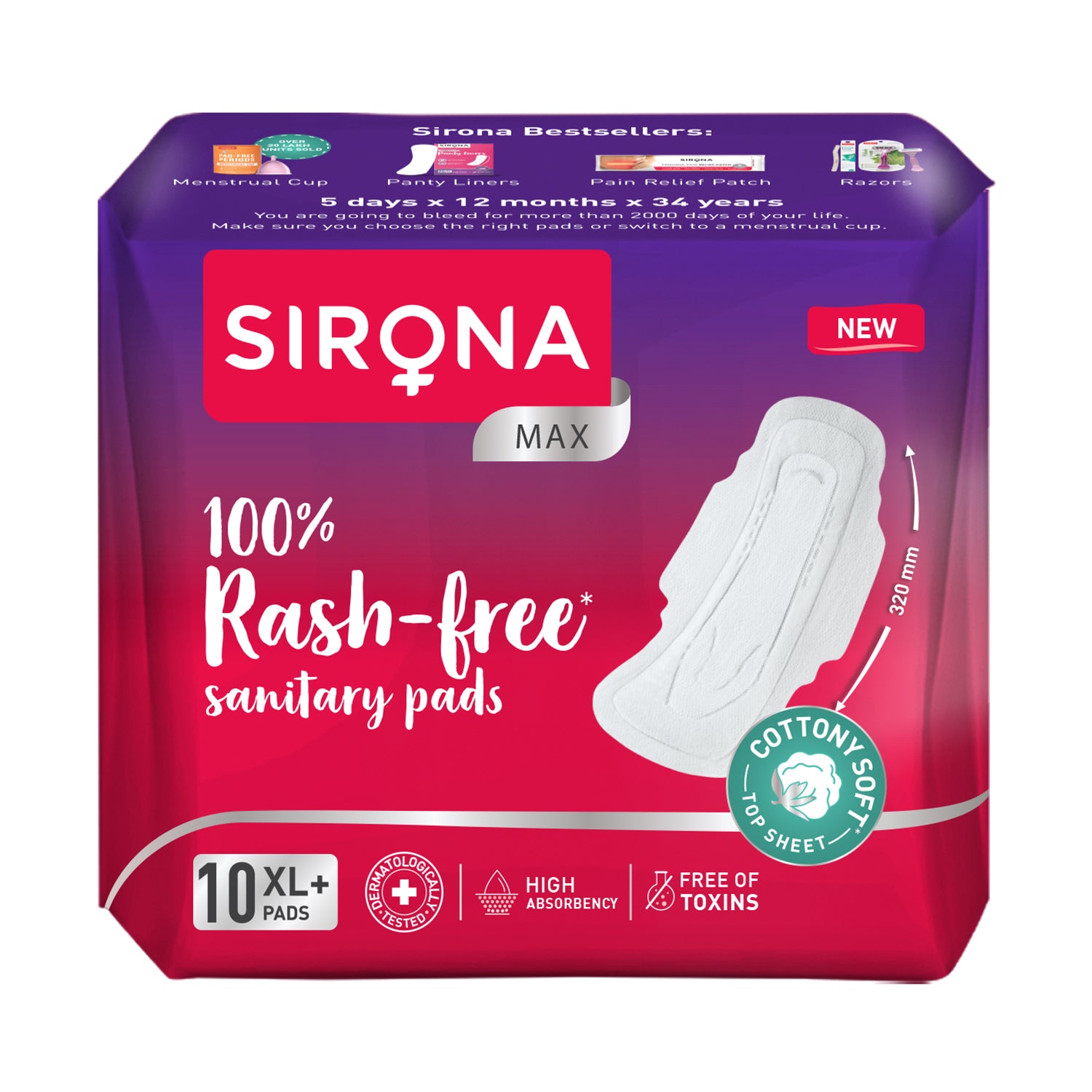 Sirona Cottony Soft Rash Free Sanitary Pads for Women - Pack of 10 (XL+ Size) | Ultra Soft & Breathable Top Layer | Highly Absorbent Core with Wide Coverage for Leakage Protection