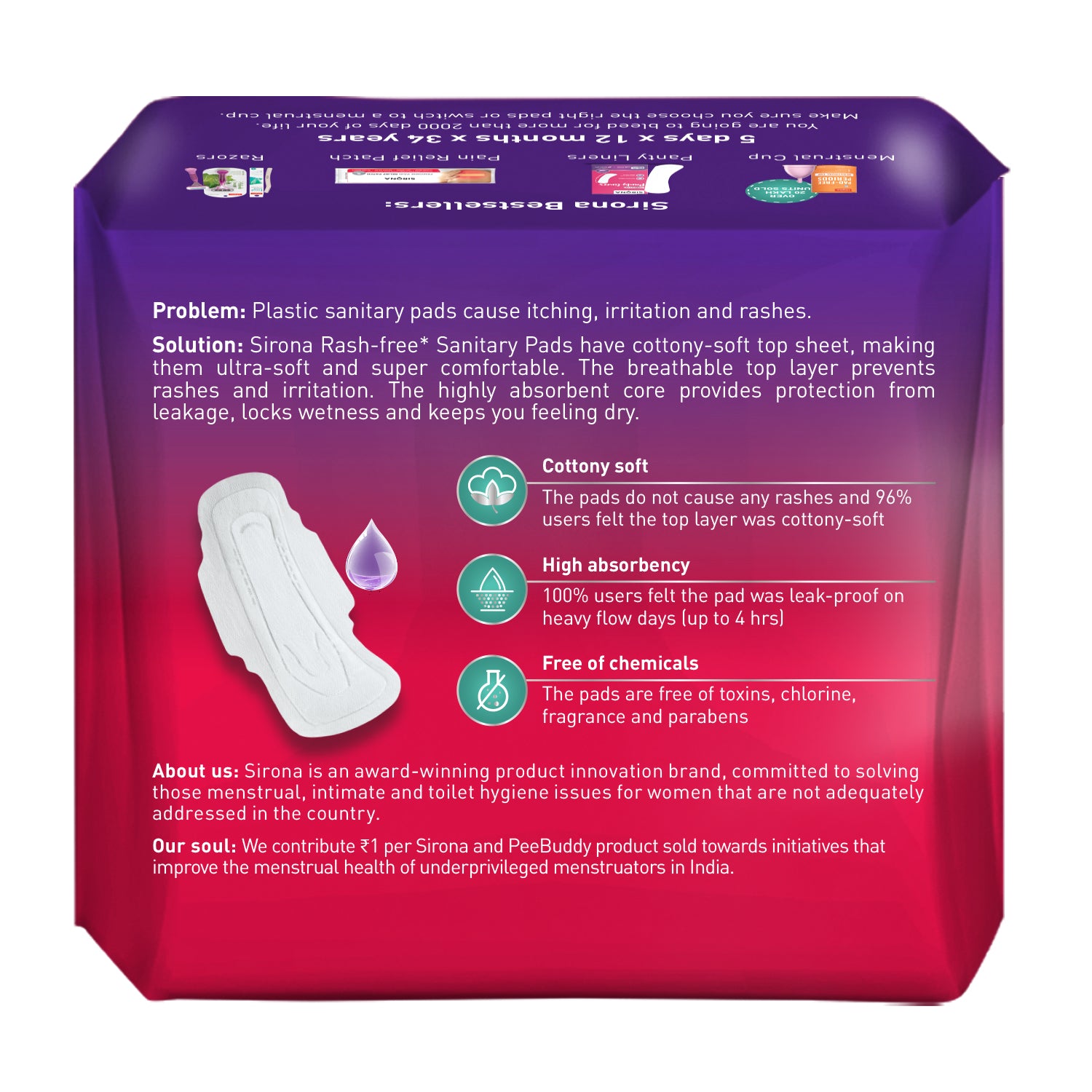Sirona Cottony Soft Rash Free Sanitary Pads for Women - Pack of 10 (XL+ Size) | Ultra Soft & Breathable Top Layer | Highly Absorbent Core with Wide Coverage for Leakage Protection