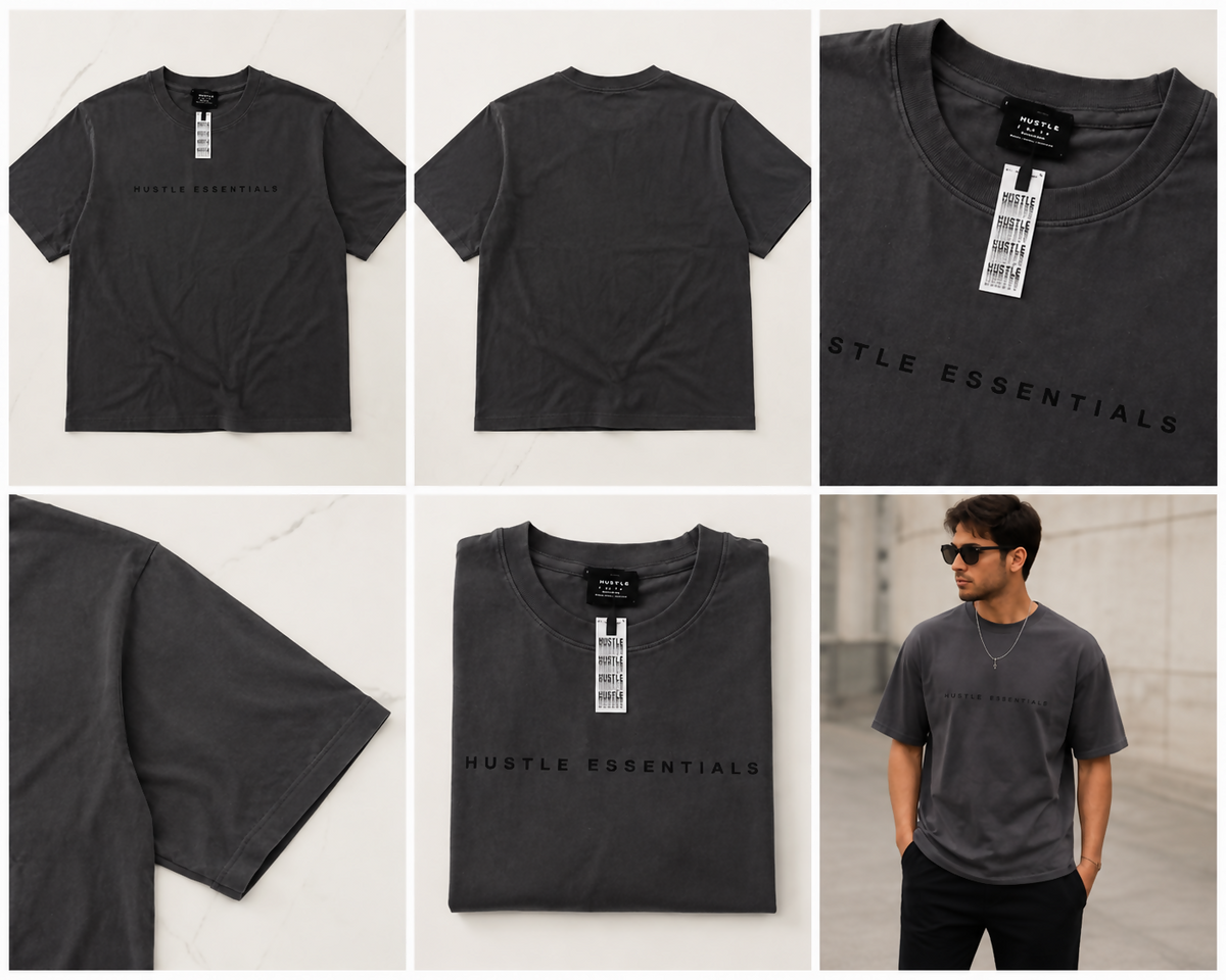 HUSTLE Essentials Men’s T-Shirt – Charcoal Grey | Relaxed Oversized Fit | Crew Neck | Short Sleeve