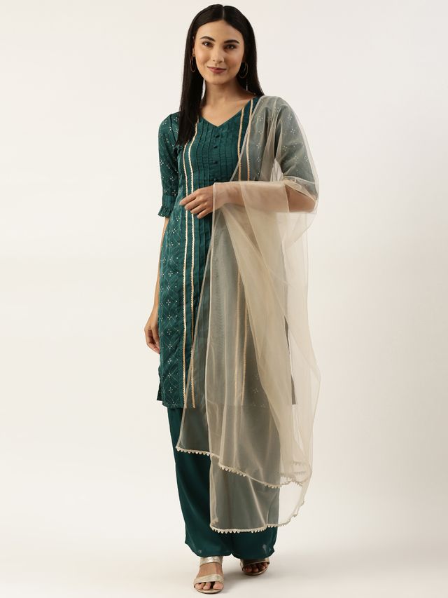 Bollywood Vogue Ready To Wear Teal Green Art Silk Print Salwar N Palazzo Suit