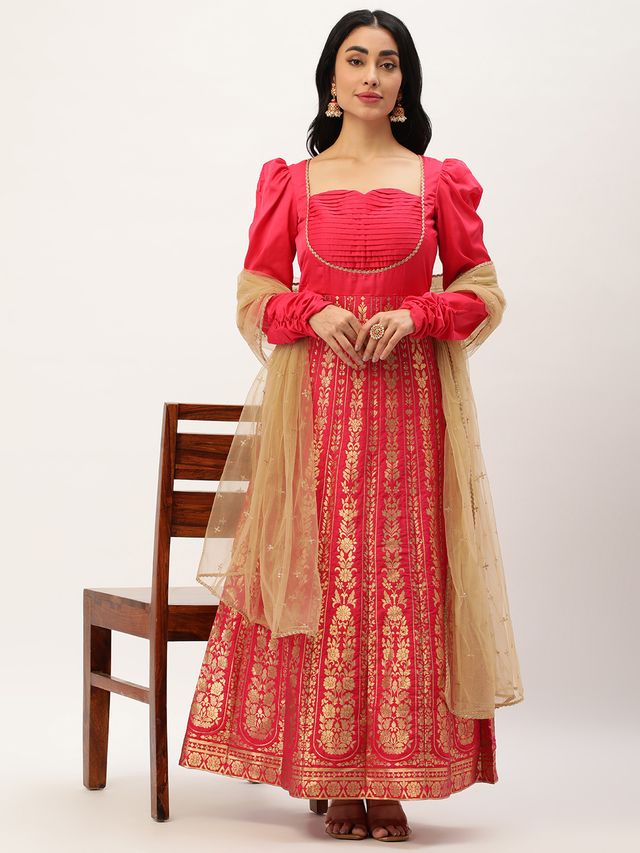Bollywood Vogue Ready To Wear Pink Taffeta Jacquard Anarkali Set