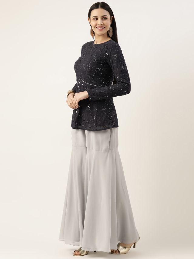 Bollywood Vogue Ready To Wear Silver N Dark Grey Georgette Sequins Embroidered Gharara Set