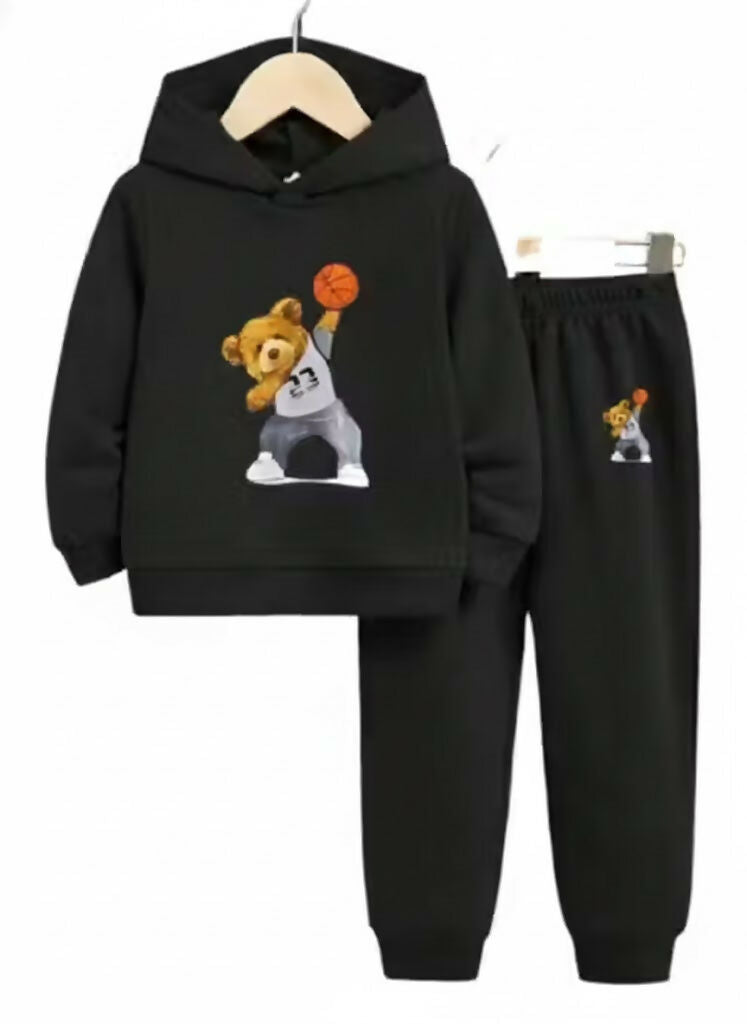 Kids Basketball Teddy Bear Printed Cotton Blend Hoodie & Jogger Set Luck Fashion