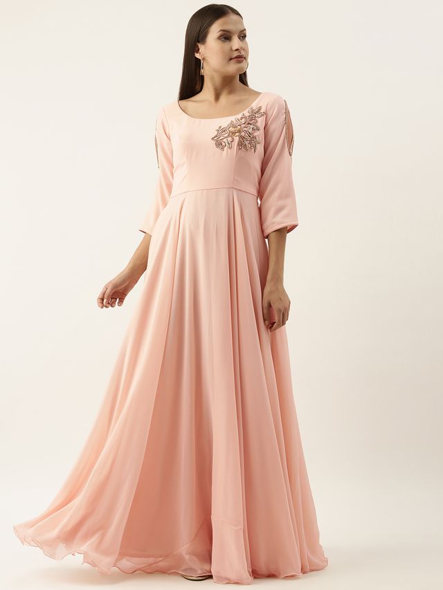 Bollywood Vogue Ready To Wear Embroidered Peach Georgette Gown
