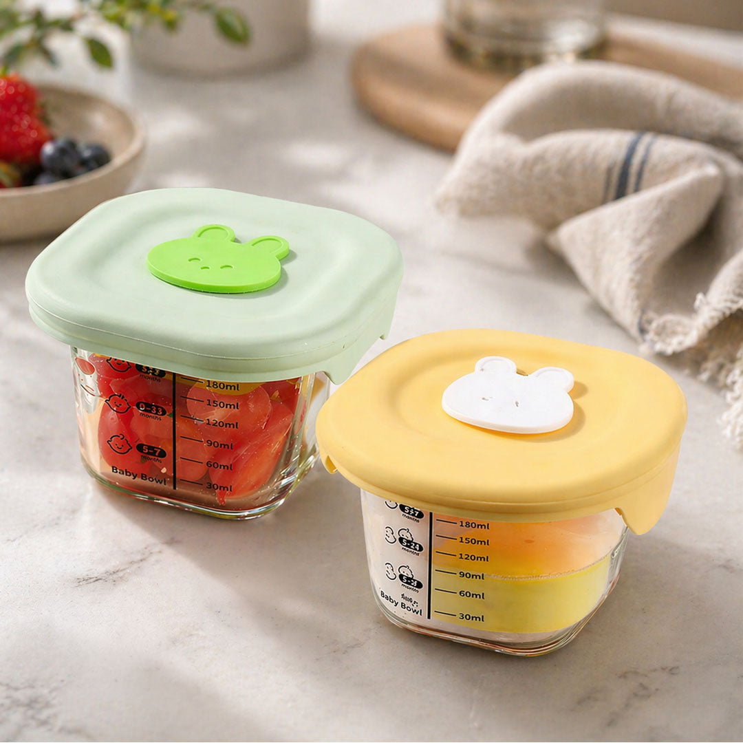 Rioware Smart Lock Glass Food Storage Containers Set of 2 (180ml Each) | Borosilicate Glass | Airtight & Leak-Proof Lid | Microwave, Freezer & Dishwasher Safe | Baby Food Storage Bowl with Measurement