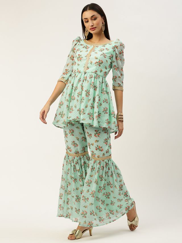 Bollywood Vogue Ready To Wear Mint Green Digital Printed Embroidered Co Ords Set