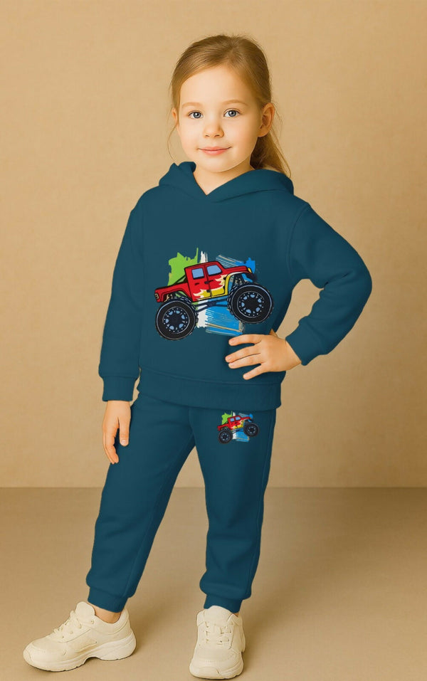 Girls' Teal Blue Cotton Hoodie & Jogger Set – Creative Graphic Printed Sportswear (Ages 0 Months to 7 Years) Luck Fashion