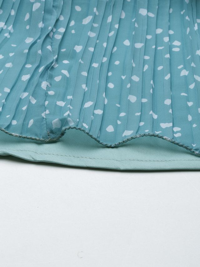 Bollywood Vogue Ready To Wear Blue N White Printed Pleated Georgette Gown