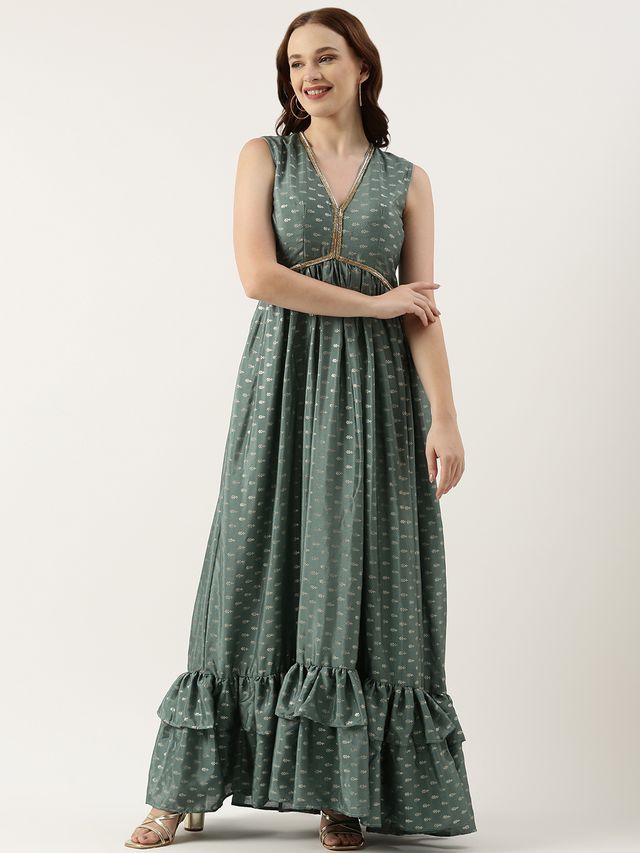 Bollywood Vogue Ready To Wear Green Chinon Foil Print Gown