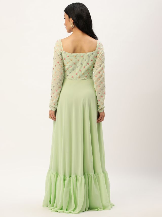 Bollywood Vogue Ready To Wear Green Georgette Embroidery Gown